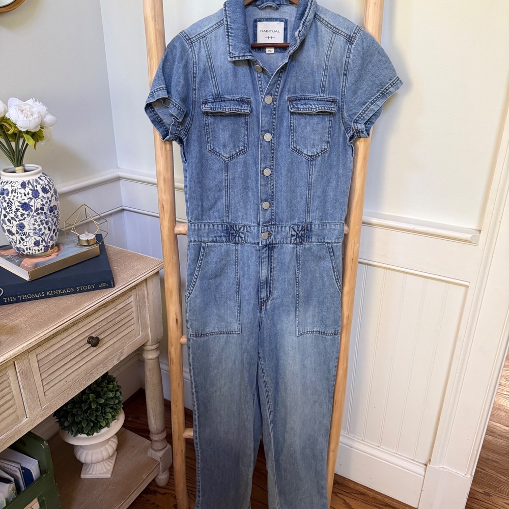 Habitual Womens Denim Short Sleeve Jumpsuit Blue‎ Medium Wash Size 4/27